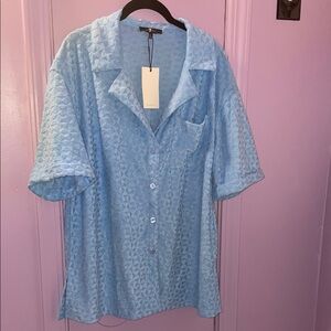 7 for all Mankind Sky Blue Terry Textured Boxy Button-Up Retro Bowling Shirt!